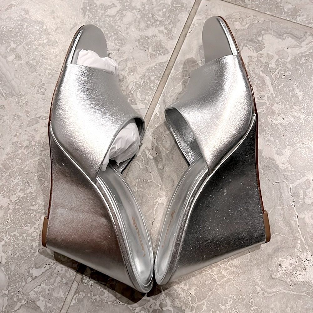Larroude Jackie Wedge Heel Slide Sandals in Metallic Silver, NWT, Size10